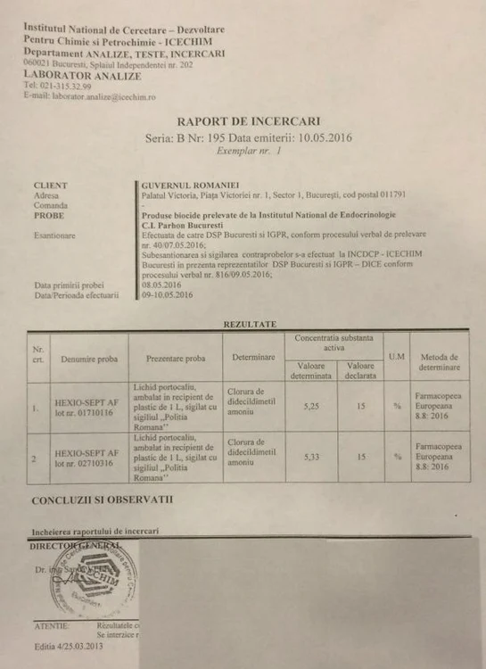 Rezultatele probelor recoltate de la Institutul „Parhon”