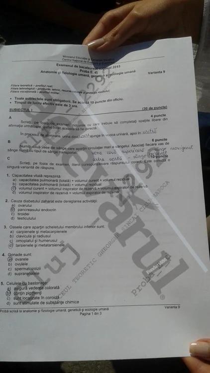 Bac 2015 subiecte Biologie- Anatomie, prima sesiune