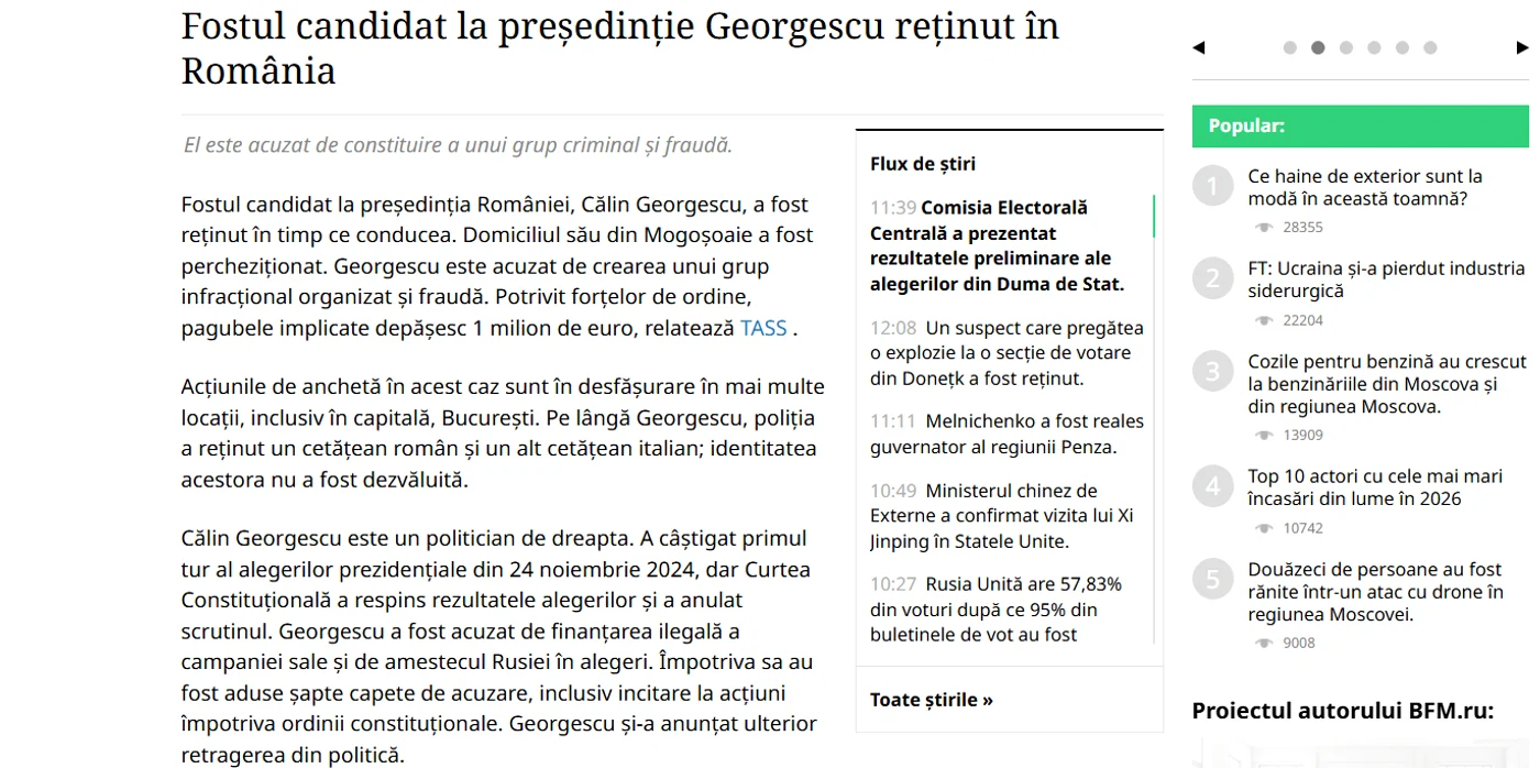 Călin Georgescu, în presa rusă