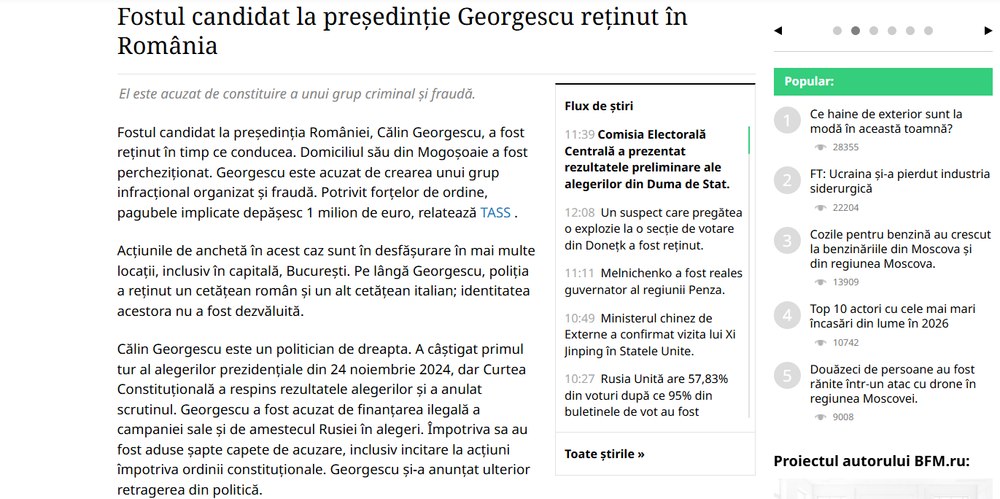 Interes uriaș în presa rusă pentru Călin Georgescu după perchezițiile DIICOT: „A vorbit despre dictatură în Europa și tiranie în România”