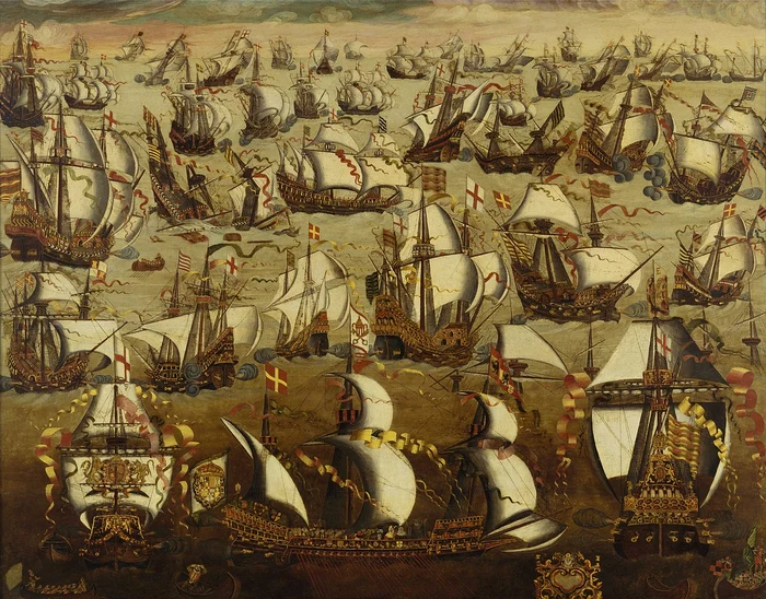 Confruntarea dintre Armada Spaniolă și navele englezești, în august 1588 (© Royal Museums Greenwich)