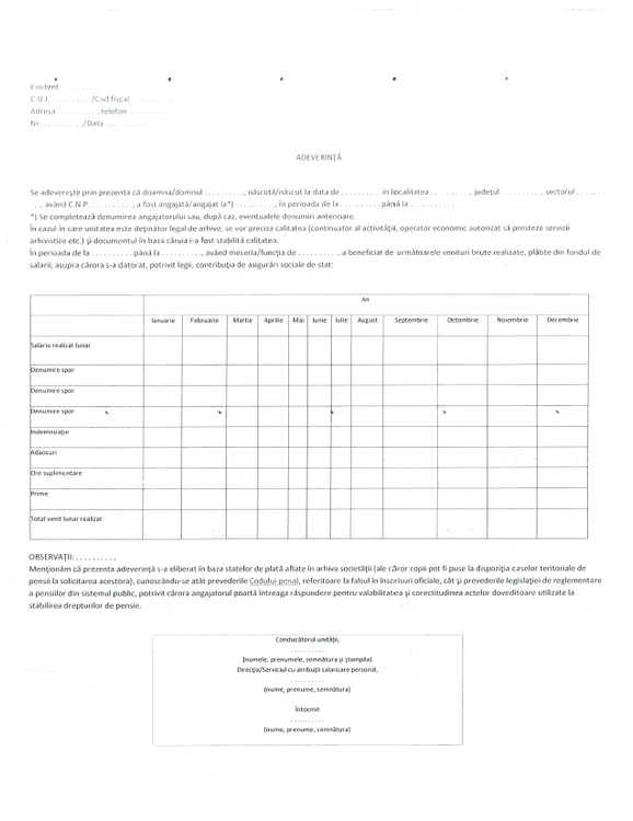 Adeverința tip care trebuie completată pentru sumele neluate în calcul pe actuala lege