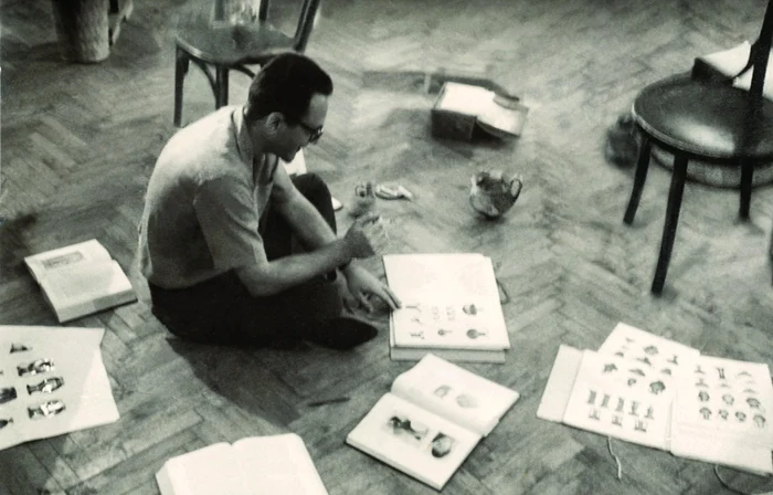 Lucrând la Corpus Vasorum Antiquorum, în biroul de la institut, din str. Nicolae Iorga, cca 1964