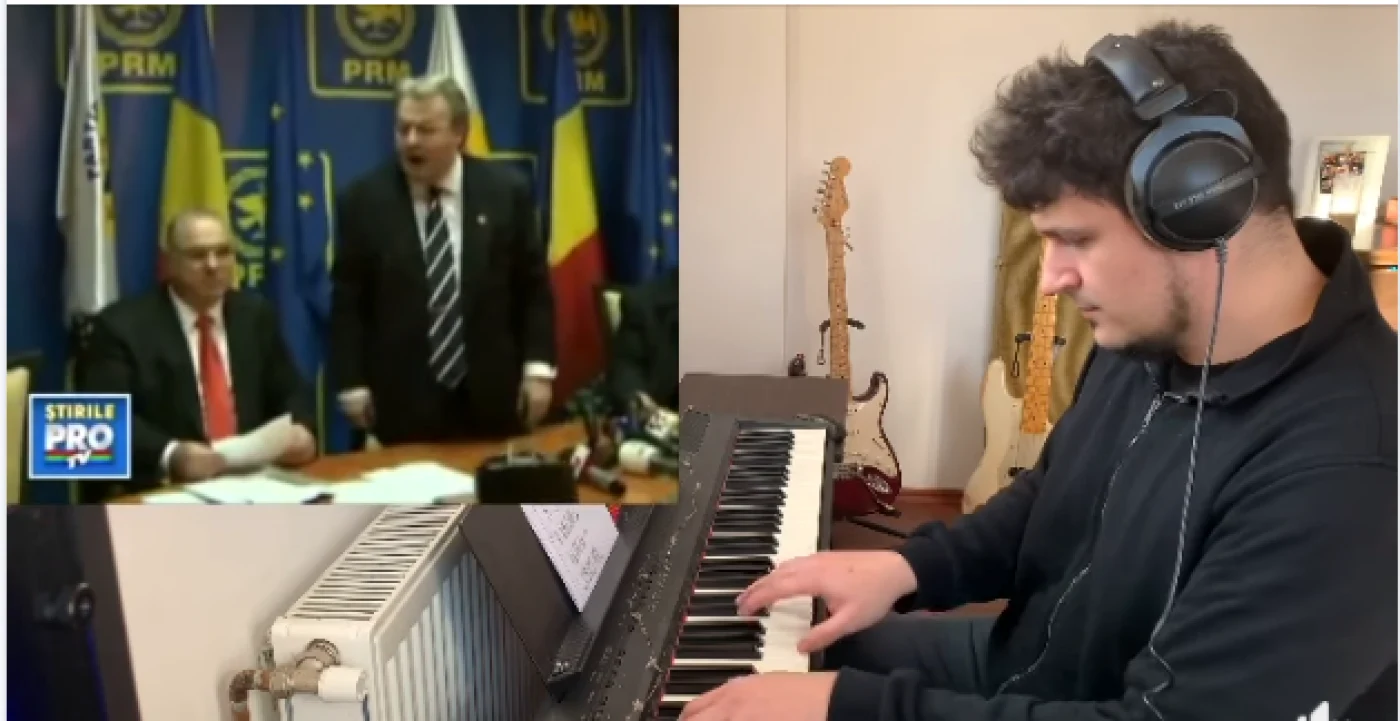 Cristian Cente acompaniază la pian „evacuarea din sediul PRM” cu CV Tudor FOTO: Captură video