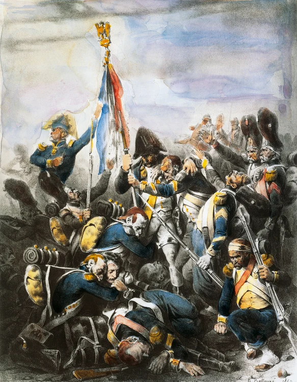 Generalul Cambronne,  cu mâna pe drapel,  în mijlocul trupelor franceze