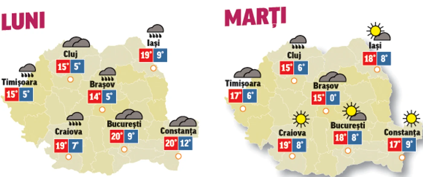 În următoarele două zile temperaturile vor fi în scădere și aria ploilor se va extinde