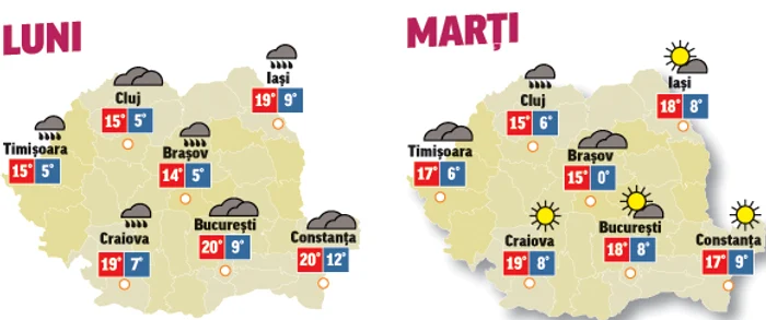 În următoarele două zile temperaturile vor fi în scădere și aria ploilor se va extinde