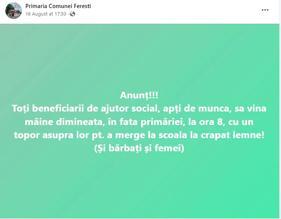 Anunțul primăriei Ferești FOTO Vremea Nouă