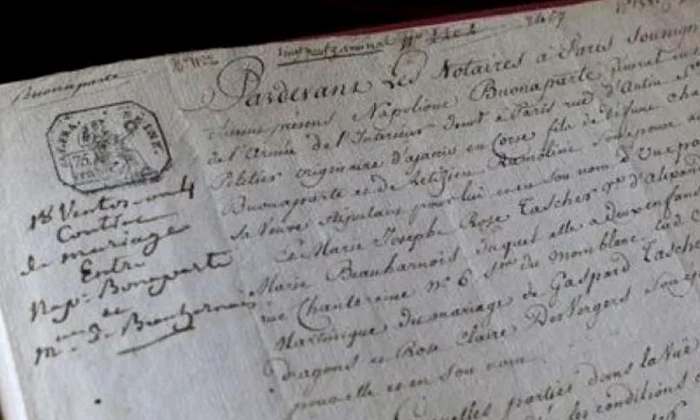 Contractul de căsătorie între Napoleon Bonaparte şi Josephine, cumpărat de un muzeu parizian jpeg