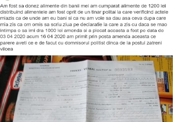 Amendat pentru că avea o declaraţie incompletă un vâlcean îi acuză pe poliţişti de abuz şi pretinde că a ieşit din casă ca să-i ajute pe alţii Foto Facebook