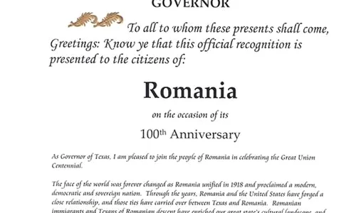 România, onorată de Proclamația statului Texas dedicată sărbătoririi Centenarului Marii Uniri jpeg