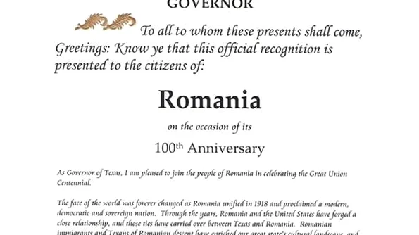 România, onorată de Proclamația statului Texas dedicată sărbătoririi Centenarului Marii Uniri jpeg