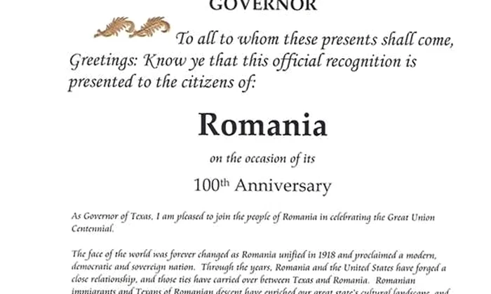 România, onorată de Proclamația statului Texas dedicată sărbătoririi Centenarului Marii Uniri jpeg