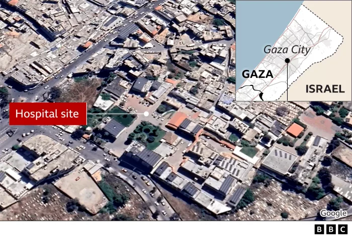 Pe imagini se pot vedea distrugerile provocate de rachetă în zona spitalului din Gaza  FOTO bbc.com