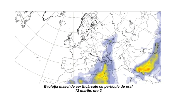 Evoluția masei de aer încărcate cu particule de praf în data de 13 martie, la ora 3. FOTO ANM