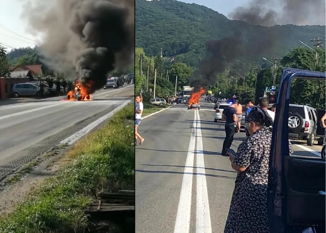 ATV-ul în flăcări care a blocat circulaţia pe DN 7-E81 în Vâlcea duminică 11 iulie 2021 Foto colaj 1