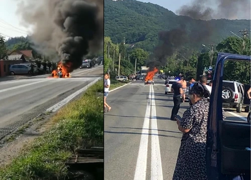ATV-ul în flăcări care a blocat circulaţia pe DN 7-E81 în Vâlcea duminică 11 iulie 2021 Foto colaj 1
