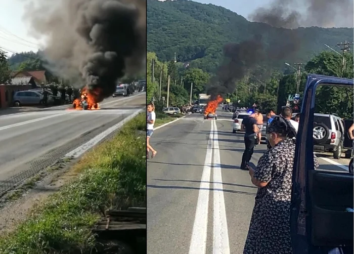 ATV-ul în flăcări care a blocat circulaţia pe DN 7-E81 în Vâlcea duminică 11 iulie 2021 Foto colaj 1