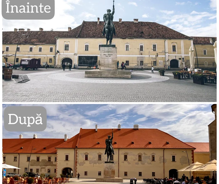 Fațada și acoperișul Palatului, înainte și după restaurare FOTO Primăria Alba Iulia