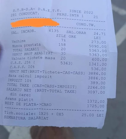 Fluturașul de salariu al unui șofer STB. Foto: Facebook