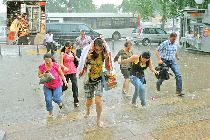 Ieri, ora 16.30 Bd. Dimitrie Pompeiu- Ploaia torenţială i-a surprins pe bucureştenii care intrau la metrou