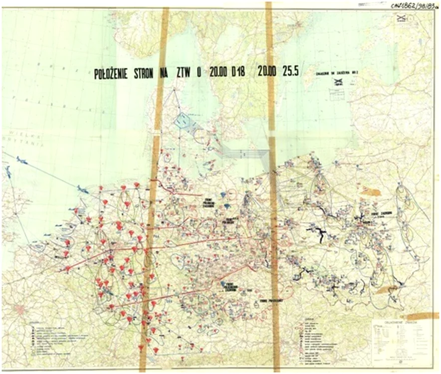 Planul operaţiunilor în Europa în viziunea sovietică. Punctele roşii reprezintă ţintele atacurilor nucleare. România se află în colţul din dreapta jos