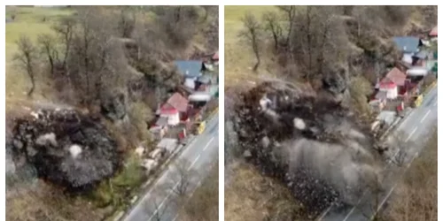 Imagini spectaculoase de la detonarea controlată a unei stânci care risca să se prăbuşească pe DN15
