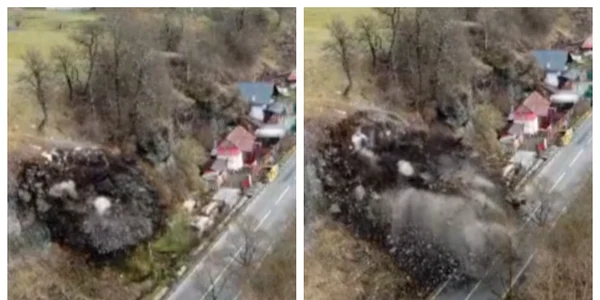 Imagini spectaculoase de la detonarea controlată a unei stânci care risca să se prăbuşească pe DN15