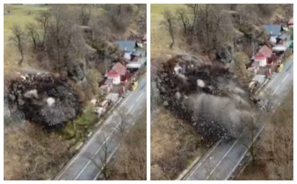 Imagini spectaculoase de la detonarea controlată a unei stânci care risca să se prăbuşească pe DN15