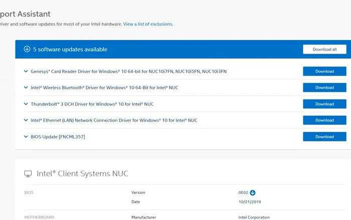 Intel NUC 10 i7FNH drivere