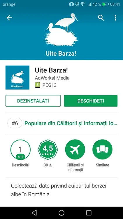 Aplicația "Uite, Barza!" este pe locul al șaselea în Top 10 la secțiunea Călătorii pe Google Play