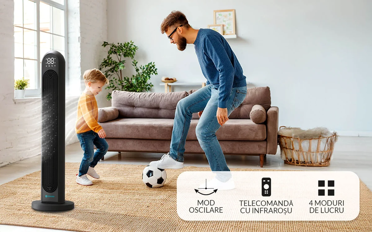 Joacă în familie lângă un AlecoAir V40 Zyra – cel mai bun ventilator turn 2026/Adevărul Alecoair.ro