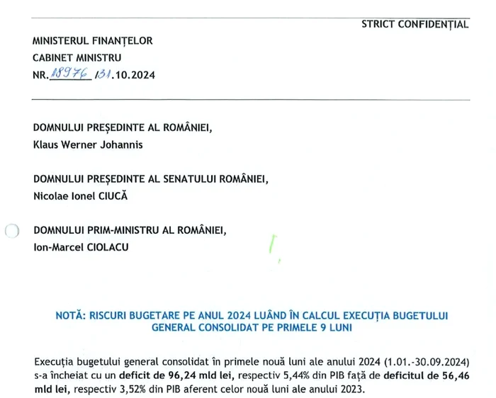 Document trimis de Ministerul Finanțelor către conducerea țării Foto: Europa Liberă