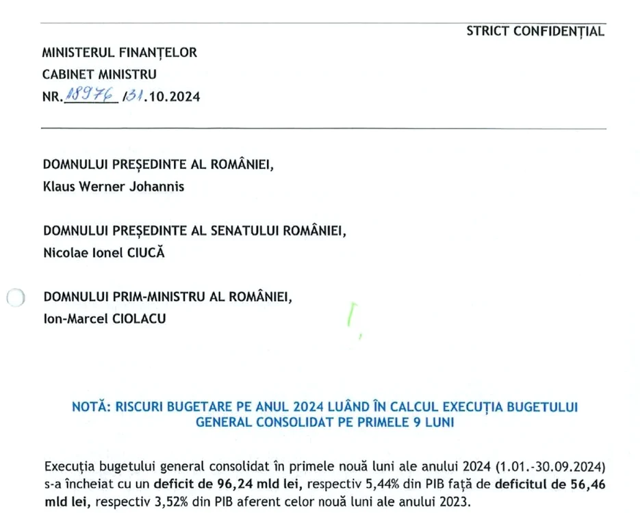 Document trimis de Ministerul Finanțelor către conducerea țării Foto: Europa Liberă