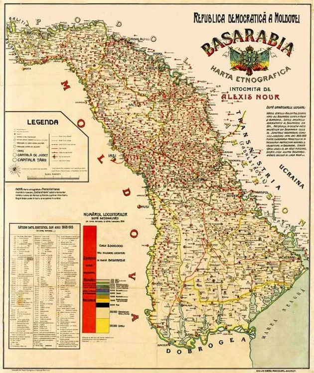 Harta etnografică a Republicii Democratice Moldoveneşti (Basarabia) după Alexis Nour. Sursa