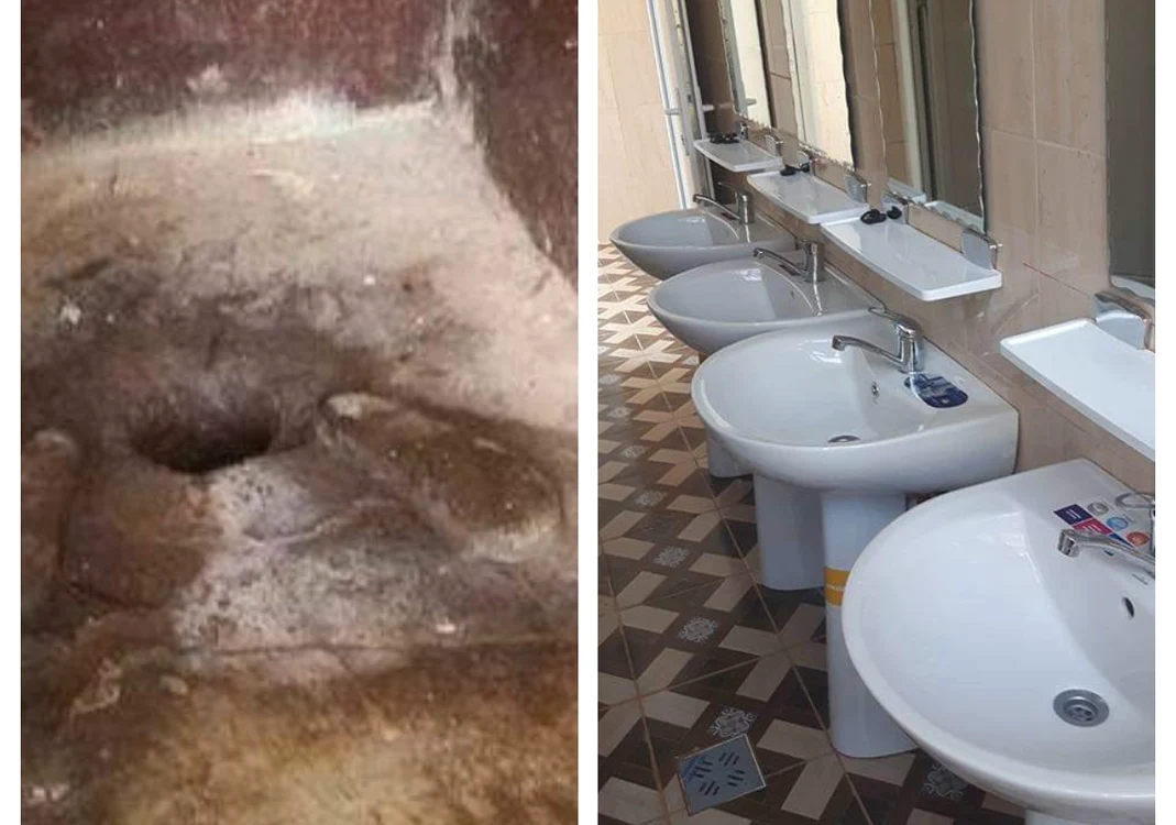 Înainte și după. Toaleta de la școala primară din Glodeni. FOTO. C.G.