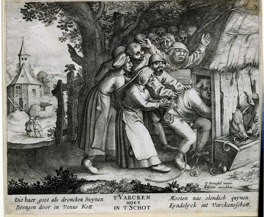 Un țăran beat împins într-o cocină de porci. Desen de Johan Wierix, 1568