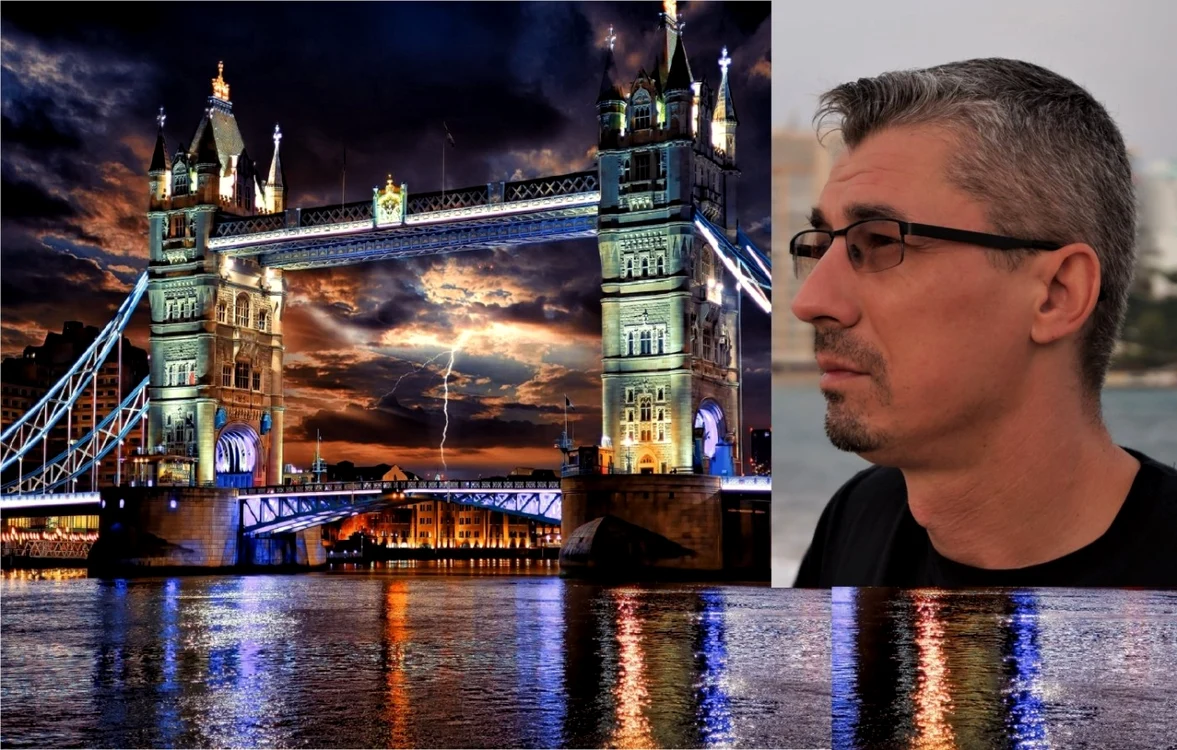 Tower Bridge - Podul Turnului - una dintre construcţiile simbolice ale Londrei şi bloggerul român Octavian Herţa Foto colaj
