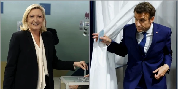 Marie Le Pen Emanuel Macron colaj articol alegeri prezidentiale 24 aprilie 2022 FOTO EPA-AEFE