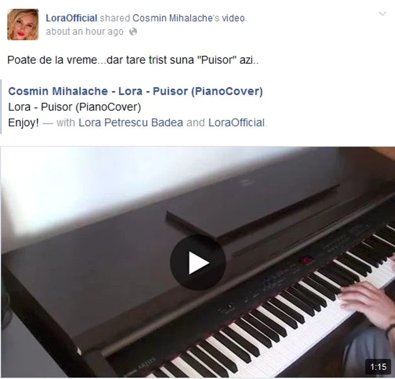 Lora a distribuit pe pagina ei de Facebook piesa Puişor care, astăzi, i se pare una foarte tristă