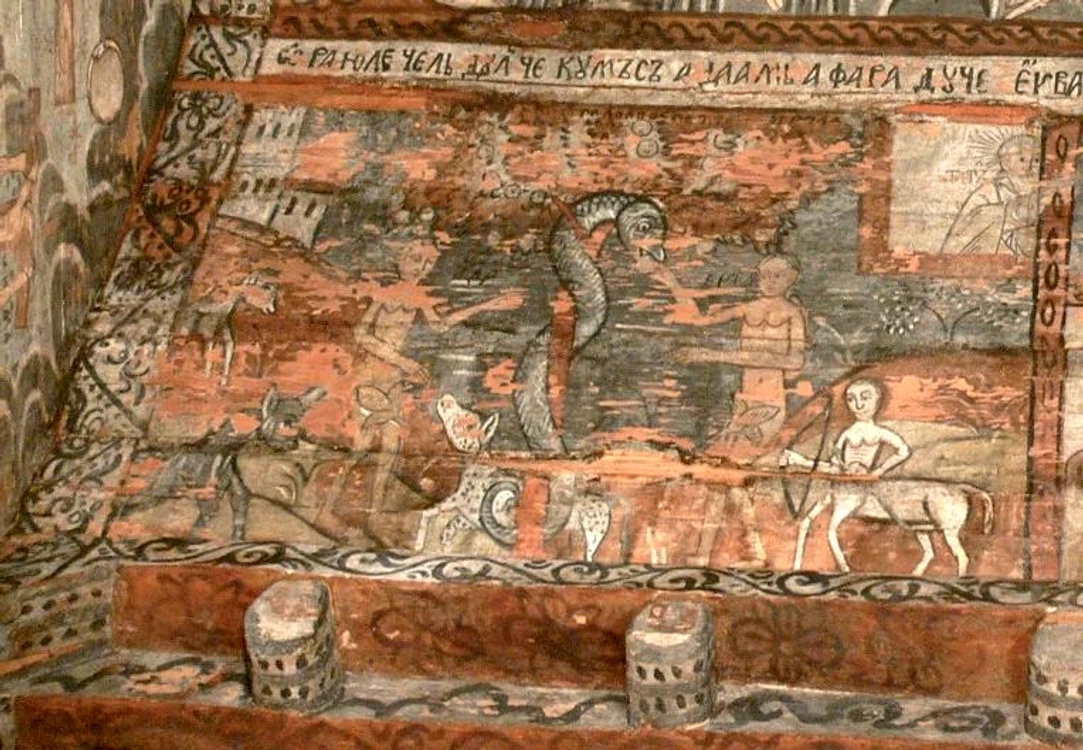 Bolta naosului, biserica din Ieud Deal. În dreapta sus e Dumnezeu care trage cu ochiul.