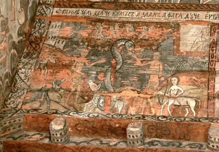 Bolta naosului, biserica din Ieud Deal. În dreapta sus e Dumnezeu care trage cu ochiul.