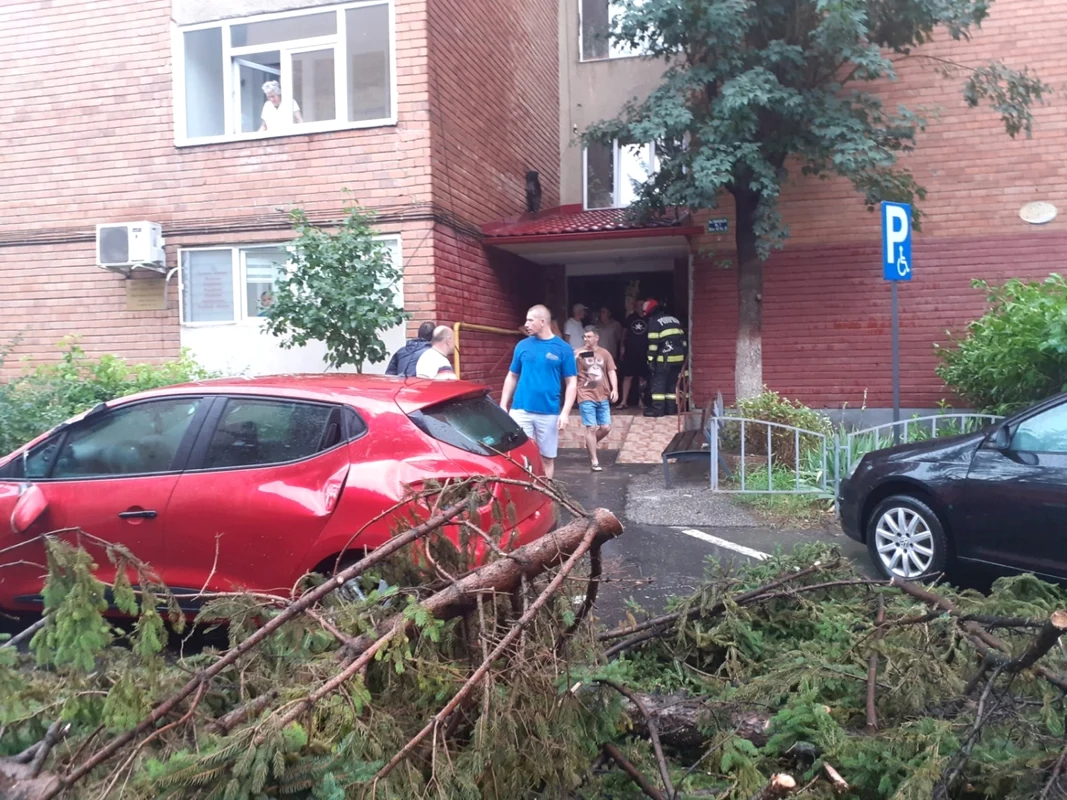 Maşini avariate de copaci şi crengi rupte de o vijelie în Râmnicu Vâlcea Foto ISU Vâlcea