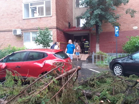Maşini avariate de copaci şi crengi rupte de o vijelie în Râmnicu Vâlcea Foto ISU Vâlcea
