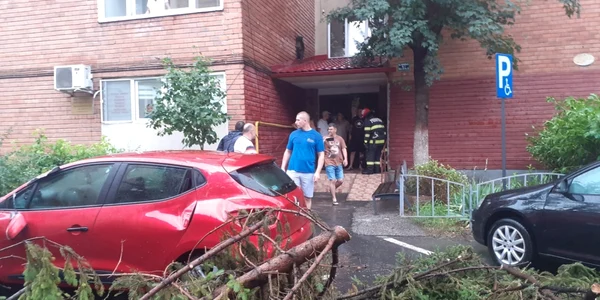 Maşini avariate de copaci şi crengi rupte de o vijelie în Râmnicu Vâlcea Foto ISU Vâlcea