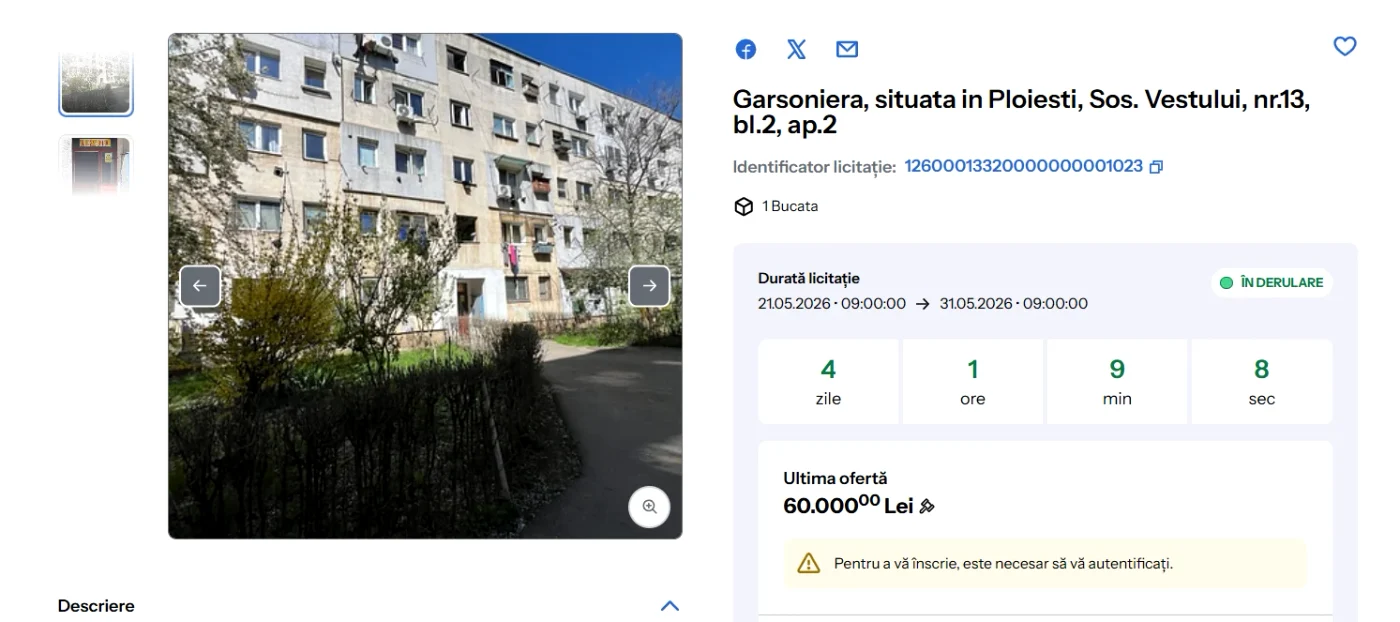ANAF a scos la licitație o garsonieră pentru 12.000 de euro 
