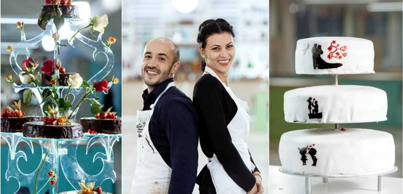 Daniel Ioan şi Irina
Bucur s-au duelat în ultimul act de la Bake Off România cu două torturi
spectaculoase de nuntă FOTO Facebook/Pro TV