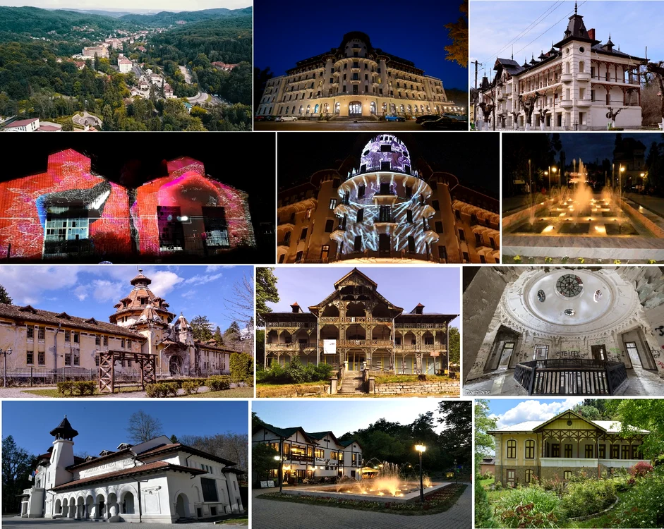 Colaj de imagini cu diverse locuri, clădiri și unități de cazare și tratament din Govora, Vâlcea 