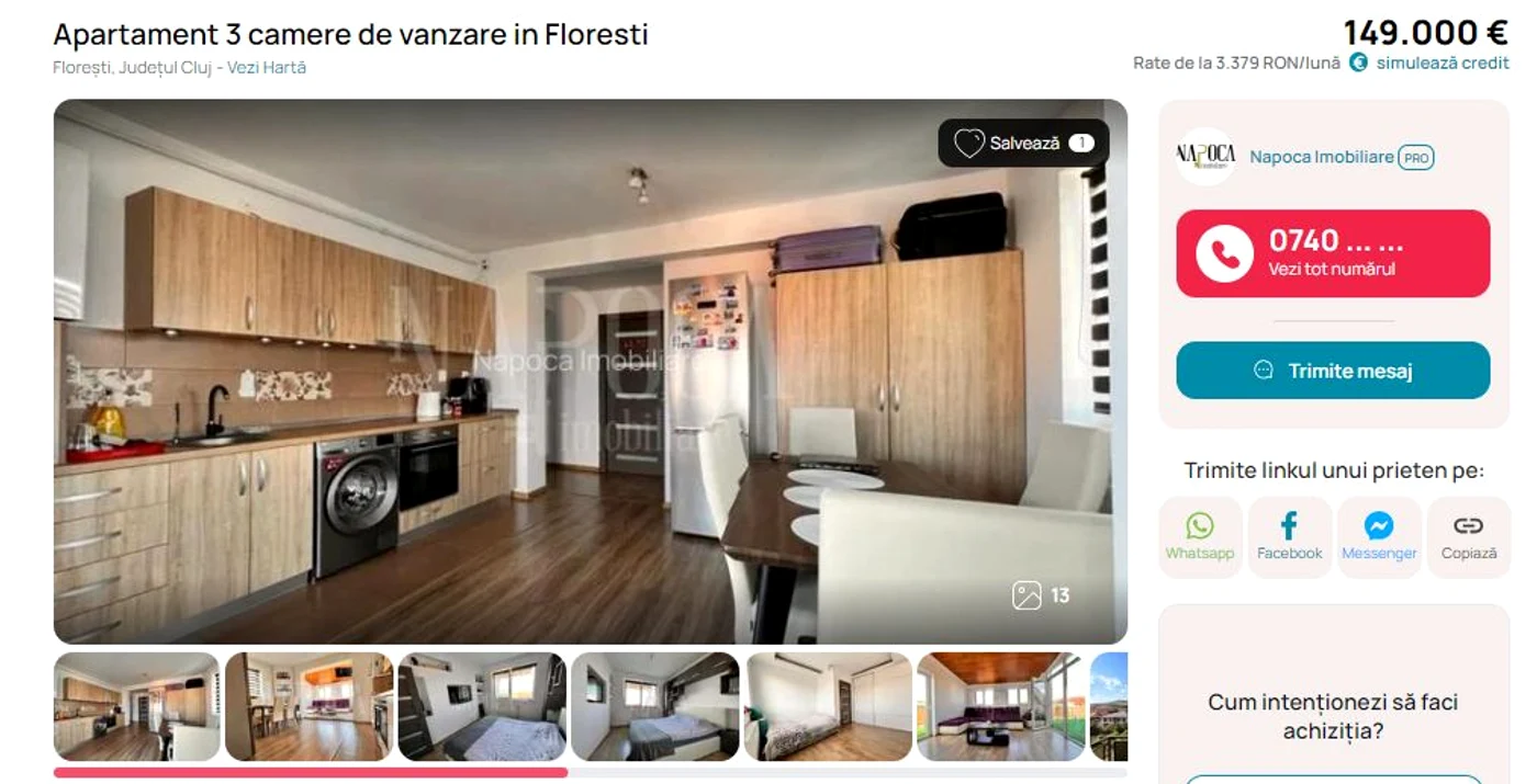 Apartament din Florești la 149.000 de euro. FOTO: Screenshot imobiliare.ro