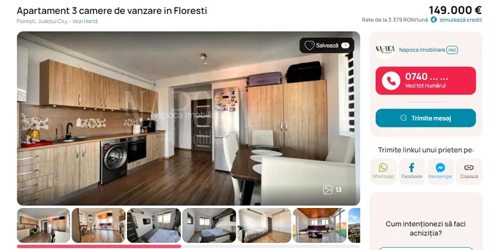 Apartament din Florești la 149.000 de euro. FOTO: Screenshot imobiliare.ro